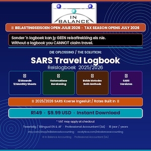 May include: A digital SARS Travel Logbook 2025/2026 information graphic on a dark blue background. It features text in English and Afrikaans, including 'Tax Season Opens July 2026', 'SARS Travel Logbook', and '12 Monthly Sheets' in colored boxes.
