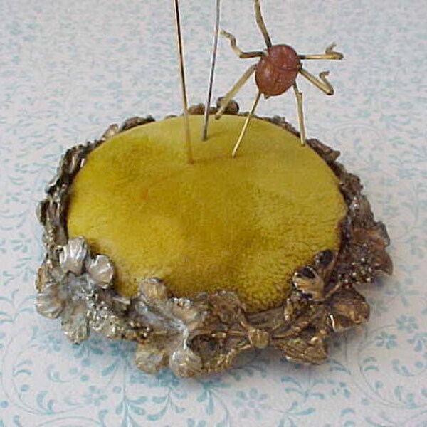 Charming Little Vintage Pincushion with Metal Anthurium Flowers and Velvet Cushion