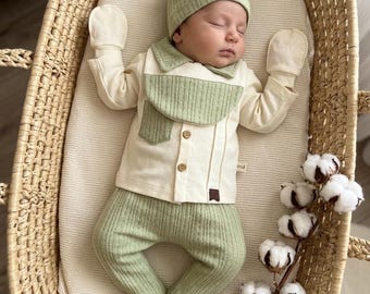 Newborn Baby Outfit Set, Sage Green Baby Clothes, Cotton Baby Set, Coming Home Outfit, Baby Shower Gift