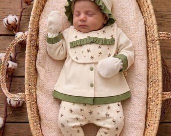 Completo per neonata - Set per neonata con pantaloni a fiori, cappellino, guantini e bavaglino, morbido cotone, regalo per neonata, completo per il rientro a casa