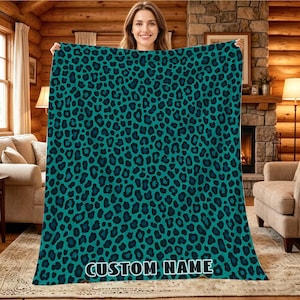 Custom Name Leopard Print Flannel Blanket, Teal Animal Print Pattern Throw Blanket, Soft Cozy Warm Blanket for Bed Sofa Home Decor.