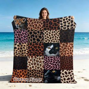 Personalized Custom Name Leopard Patchwork Flannel Blanket, Animal Pattern Throw Blanket, Soft Blanket for Bed Sofa Home Decor.