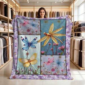 Custom Name Dragonfly Patchwork Flannel Blanket, Vintage Dragonfly Print Throw Blanket, Soft Blanket for Bed Sofa Home Decor.