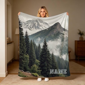 Personalized Misty Snow Capped Mountain Pine Forest Flannel Throw Blanket, Custom Name Cozy Nature Blanket for Couch Bed Cabin Home Decor.