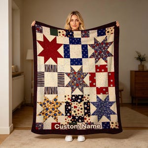 Personalized Custom Name Patchwork Quilt Flannel Blanket, Rustic Star Pattern Throw Blanket, Soft Blanket for Bed Sofa Home Decor.