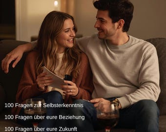 May include: A digital download set of cards titled Karten für eine Tiefe Verbindung, featuring 100 Fragen zur Selbsterkenntnis, 100 Fragen über eure Beziehung, 100 Fragen über eure Zukunft, and 100 schwierige Gespräche, presented with text overlays.
