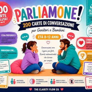 May include: A digital game set titled PARLIAMONE! featuring 200 conversation cards for parents and children. The graphic includes an illustration of a child and an adult sitting and talking, surrounded by icons, text boxes, and game instructions.
