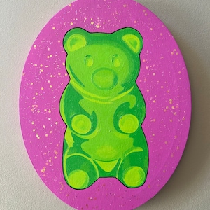 Original acrylic painting on 11x14 oval canvas sour gummy bear pop art