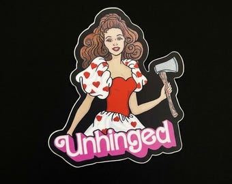 2.65″ × 3″ vinyl sticker vintage fashion doll unhinged with hatchet axe horror feminist gift