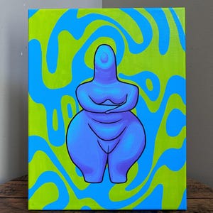 May include: A canvas painting featuring a stylized, blue figure with arms crossed, set against a vibrant background of swirling blue and green patterns. The artwork has a modern, abstract aesthetic, with bold colors and a simple, yet striking design.