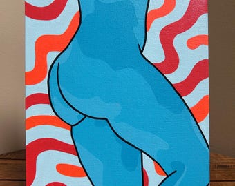 Original Acrylic Painting on 8x10 Canvas Panel, Blue Figure Art, Psychedelic Wavy Background, Abstract Figurative Portrait, Modern Unadorned