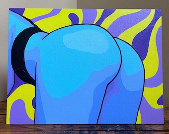 Original Acrylic Painting on 9x12 Canvas Panel, Blue Figurative Art, Purple and Yellow Psychedelic Background, Modern Unadorned Anatomical