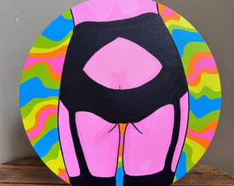 Original Acrylic Painting on 12-inch Round Canvas, Pink Figure Art, Neon Psychedelic Wall Decor, Graphic Anatomical Portrait, Modern round