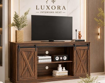 Farmhouse TV Stand with Sliding Barn Doors Dark Walnut Media Console 65 Inch Living Room Storage