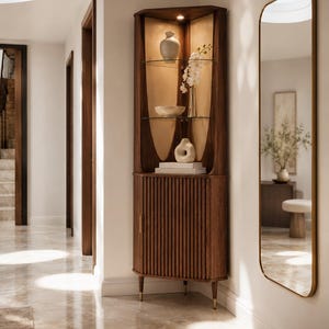 May include: A wooden corner cabinet with glass shelves, displaying decorative vases and a bowl. The cabinet has a ribbed door and brass-tipped legs. A tall, arched mirror hangs on the wall to the right, reflecting the room's interior.