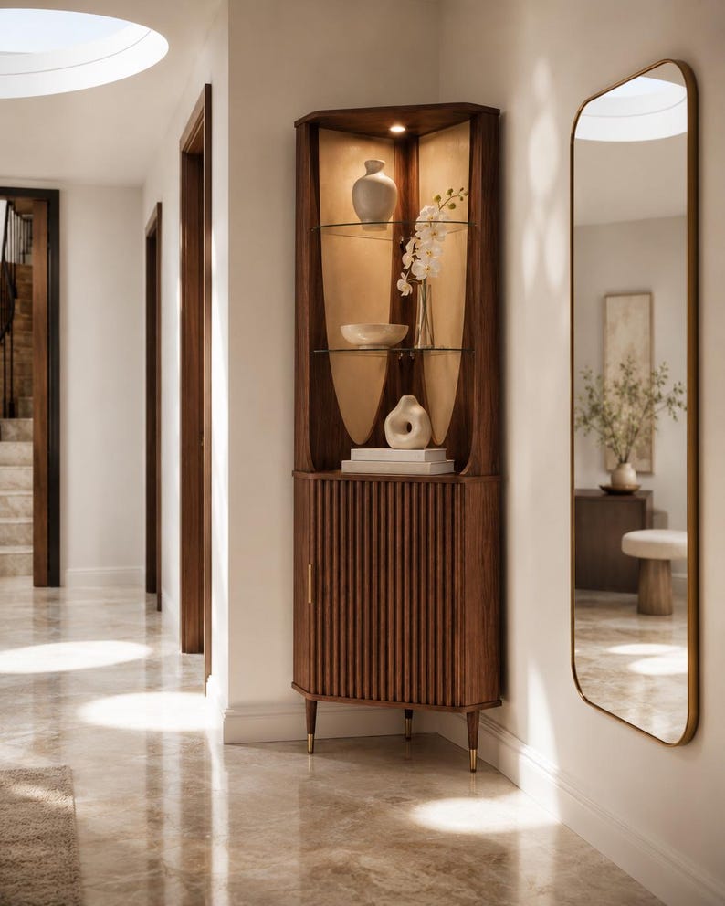 May include: A wooden corner cabinet with glass shelves, displaying decorative vases and a bowl. The cabinet has a ribbed door and brass-tipped legs. A tall, arched mirror hangs on the wall to the right, reflecting the room's interior.