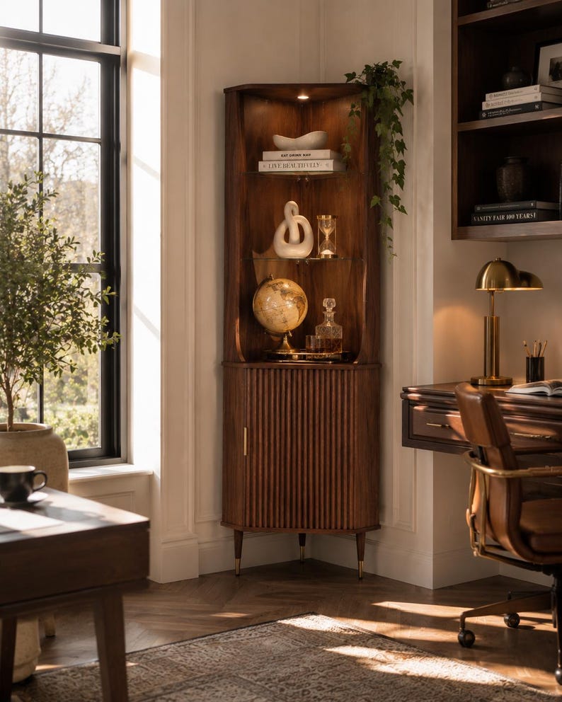 May include: A dark wood corner cabinet with a fluted door and brass-tipped legs. The cabinet displays decorative items like a globe, books, and a white sculpture. A desk and chair are visible in the background, creating a home office setting.