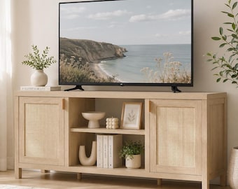 Modern Rattan TV Stand for Cozy Living Room, Japandi Media Console Cabinet for Minimalist Apartment Decor