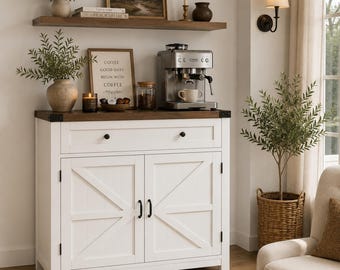 Modern Farmhouse Coffee Bar Cabinet for Kitchen Dining Room | Rustic Buffet Storage Cabinet for Cozy Home