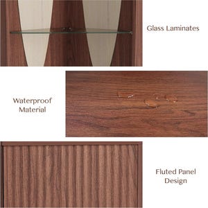 May include: A close-up of a wooden cabinet with glass laminates, a fluted panel design, and waterproof material. The cabinet has a dark brown and light beige color scheme. The text "Glass Laminates", "Waterproof Material", and "Fluted Panel Design" are visible.