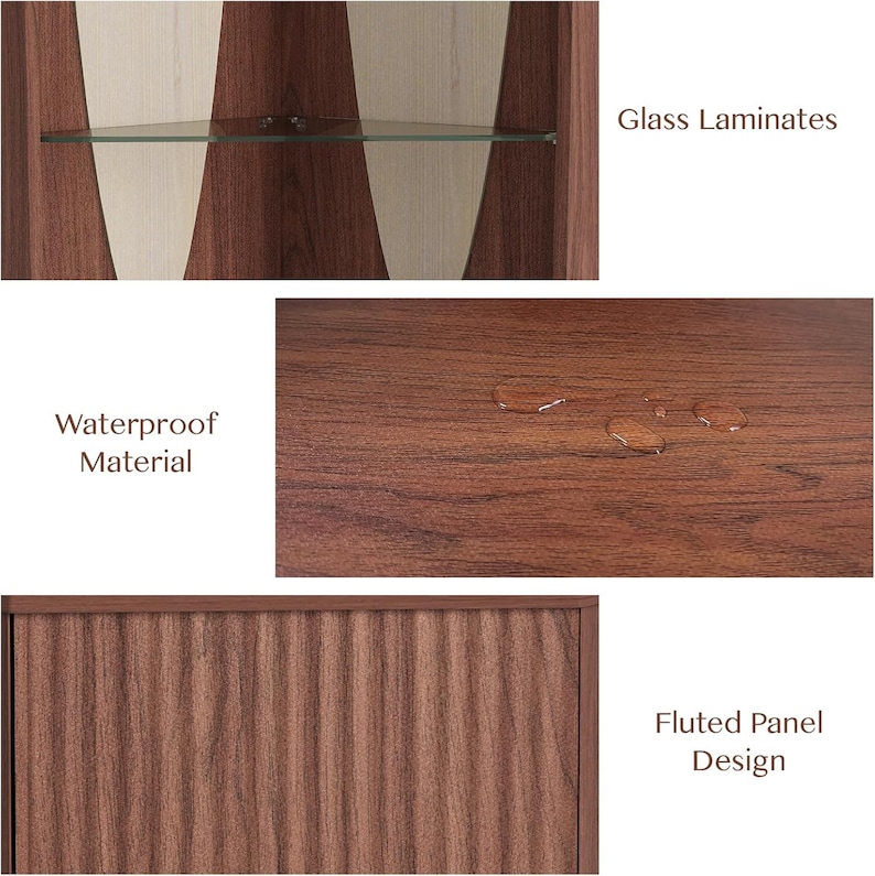 May include: A close-up of a wooden cabinet with glass laminates, a fluted panel design, and waterproof material. The cabinet has a dark brown and light beige color scheme. The text "Glass Laminates", "Waterproof Material", and "Fluted Panel Design" are visible.
