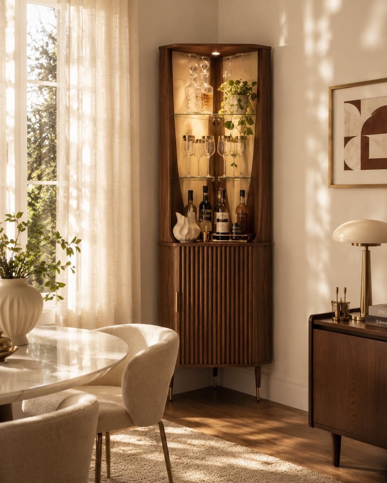 May include: A wooden corner cabinet with glass shelves, displaying glassware, bottles, and a small plant. The cabinet has a fluted door and is illuminated from within. The room also features a round table, chairs, and a side cabinet.
