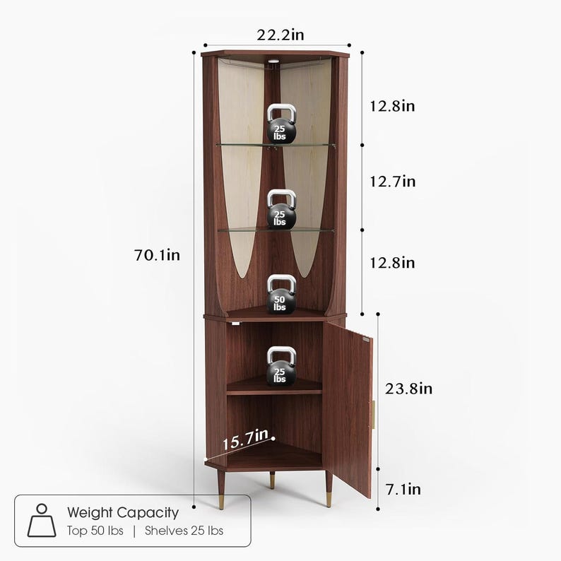 May include: A dark brown corner cabinet with glass shelves and a door. The cabinet is 70.1 inches tall, 22.2 inches wide, and has a weight capacity of 50 lbs on top and 25 lbs per shelf. The shelves are 12.8 inches, 12.7 inches, and 12.8 inches apart.