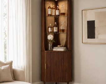 Modern Walnut Corner Bar Cabinet for Living Room, Luxe Fluted Liquor Storage Cabinet for Small Spaces