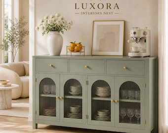 Sideboard Buffet Cabinet Arched Glass Door 3 Drawers Modern Living Room Dining Storage Sage Green Black White