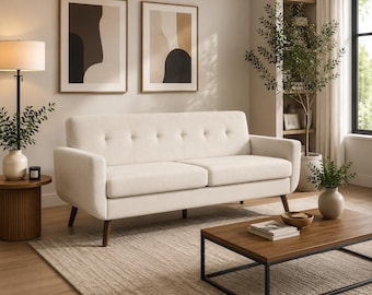 Modern Cream Linen Sofa Couch for Living Room Apartment | Mid Century Minimalist Seating for Cozy Home