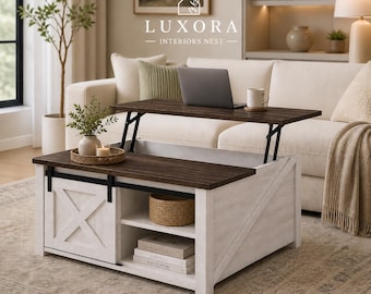 Farmhouse Lift Top Coffee Table with Sliding Barn Door Hidden Storage Living Room Furniture