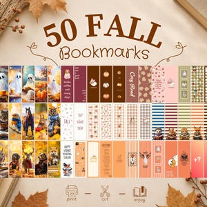 May include: A collection of 50 printable bookmarks featuring autumn-themed illustrations including ghosts, forest animals, pumpkins, and fall foliage. The designs incorporate warm color palettes, plaid patterns, and text such as 50 FALL Bookmarks.