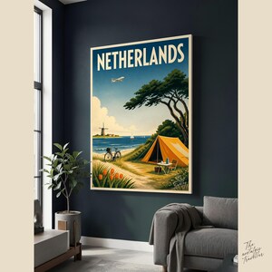 Plakat podróżniczy vintage Holandia | Holenderskie wiatraki, pola tulipanów | Holenderski wydruk z połowy XX wieku zdjęcie 6
