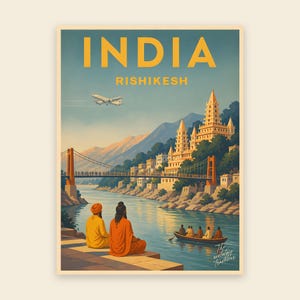 Vintage Travel Poster Rishikesh | Ganges Yoga Capital India | Mid-Century Asia Print