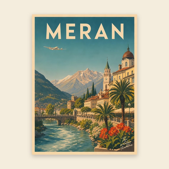 Vintage Travel Poster Merano | Tyrolean Spa Town South Tyrol | Mid-Century Italy Print