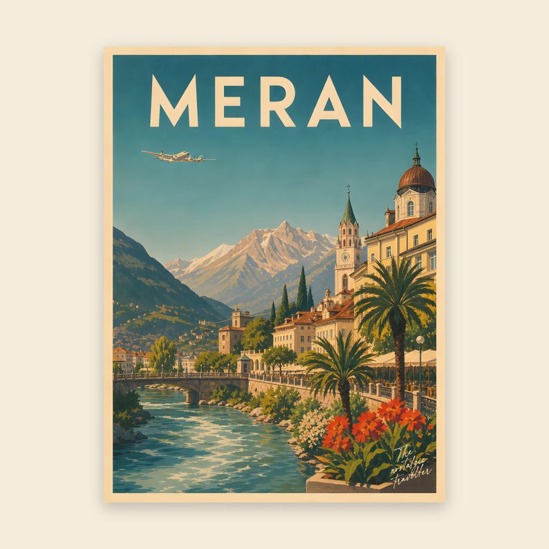 Vintage Travel Poster Merano | Tyrolean Spa Town South Tyrol | Mid-Century Italy Print image 1