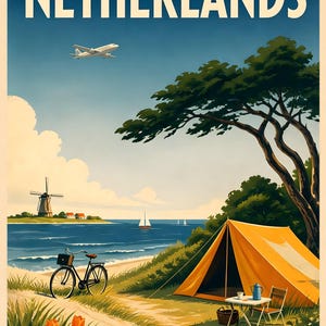 Plakat podróżniczy vintage Holandia | Holenderskie wiatraki, pola tulipanów | Holenderski wydruk z połowy XX wieku zdjęcie 4