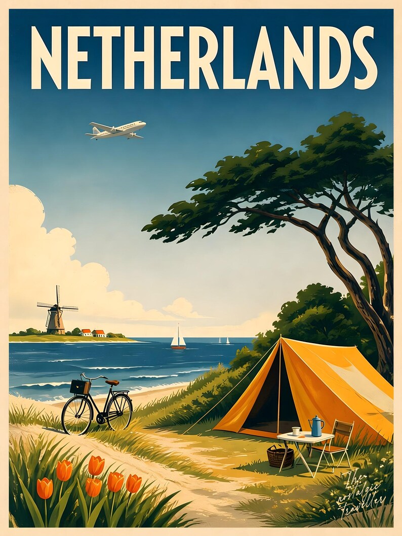 Plakat podróżniczy vintage Holandia | Holenderskie wiatraki, pola tulipanów | Holenderski wydruk z połowy XX wieku zdjęcie 4