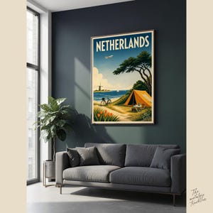 Plakat podróżniczy vintage Holandia | Holenderskie wiatraki, pola tulipanów | Holenderski wydruk z połowy XX wieku zdjęcie 5