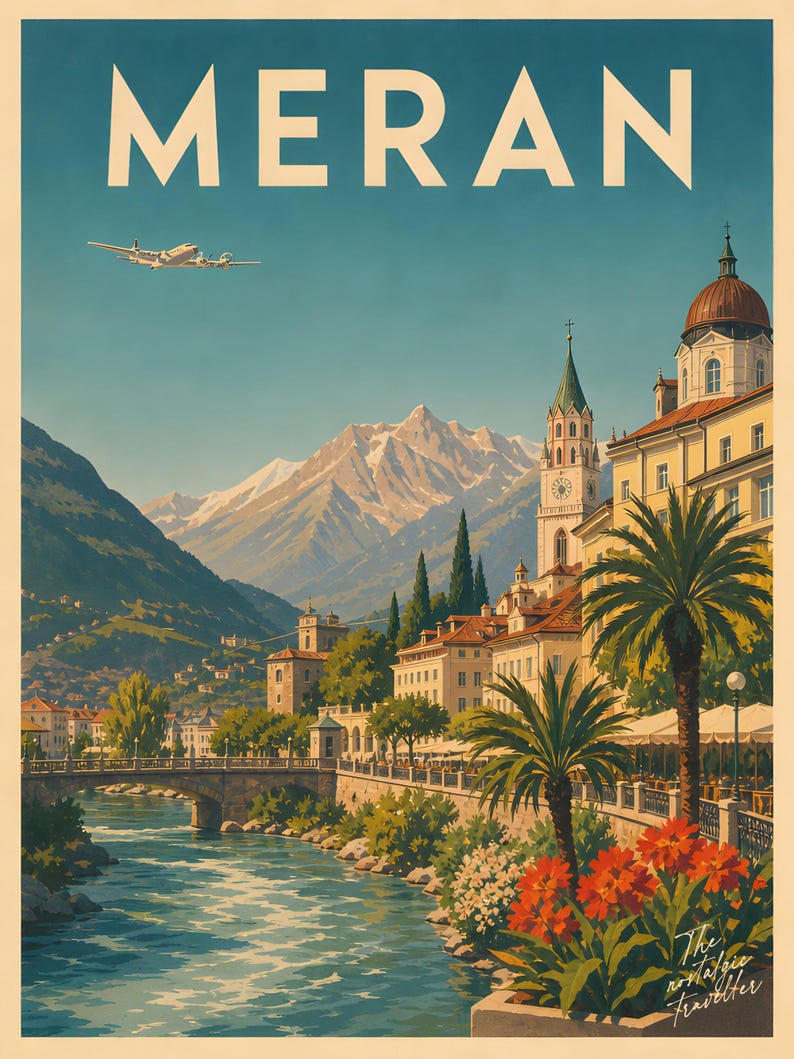 Vintage Travel Poster Merano | Tyrolean Spa Town South Tyrol | Mid-Century Italy Print image 4