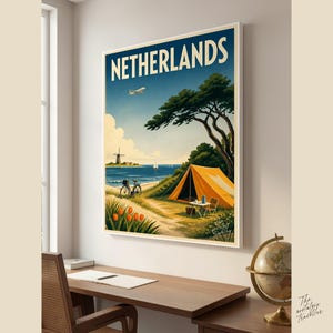 Plakat podróżniczy vintage Holandia | Holenderskie wiatraki, pola tulipanów | Holenderski wydruk z połowy XX wieku zdjęcie 2
