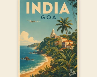 Może przedstawiać: Plakat podróżniczy w stylu vintage z napisem INDIA GOA. Ilustracja przedstawia scenę przybrzeżną z piaszczystą plażą, błękitnym oceanem, bujnymi zielonymi palmami i białymi budynkami na klifie. Na niebie widać mały samolot.