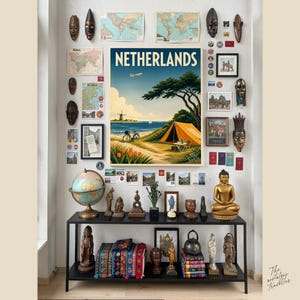 Plakat podróżniczy vintage Holandia | Holenderskie wiatraki, pola tulipanów | Holenderski wydruk z połowy XX wieku zdjęcie 7