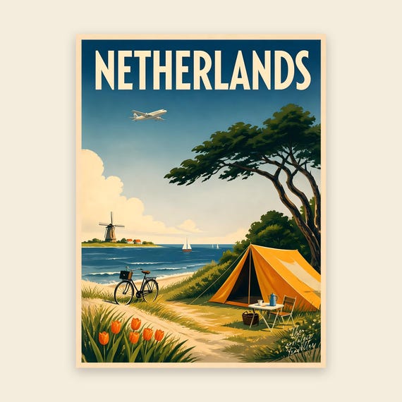 Vintage Travel Poster Netherlands | Dutch Windmills Tulip Fields | Mid-Century Holland Print