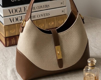 Canvas Hobo Shoulder Bag, Luxury Minimalist Handbag, Tan Leather Trim Purse, Elegant Aesthetic Tote, High-Quality Everyday Bag
