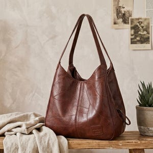 Große braune Patchwork-Lederhandtasche | Vintage-Schultertasche für Damen | Handgefertigtes Boho-Chic-Geburtstagsgeschenk