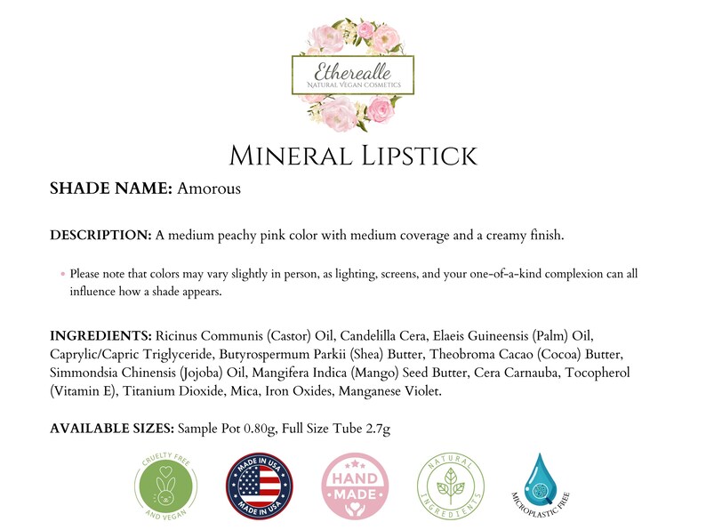 Amorous - lápiz labial melocotón, lápiz labial vegano elaborado con ingredientes naturales, libre de crueldad animal imagen 5