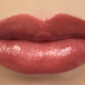 May include: Close-up of a person's lips wearing a glossy, reddish-brown lipstick.