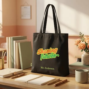 May include: A black tote bag featuring the text "Shaping futures" in orange and green lettering, with the name "Ms. Anderson" printed below in white. The bag has two black shoulder straps and is positioned on a wooden desk surface.