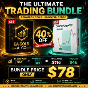 May include: A digital trading bundle advertisement featuring two software boxes labeled EA GOLD ALGO and GainzAlgo V2 [Alpha]. The graphic displays pricing details, a 40% off badge, and text including THE ULTIMATE TRADING BUNDLE, HIGH ACCURACY, PROVEN PERFORMANCE, and TRUSTED BY PROFESSIONAL TRADERS.